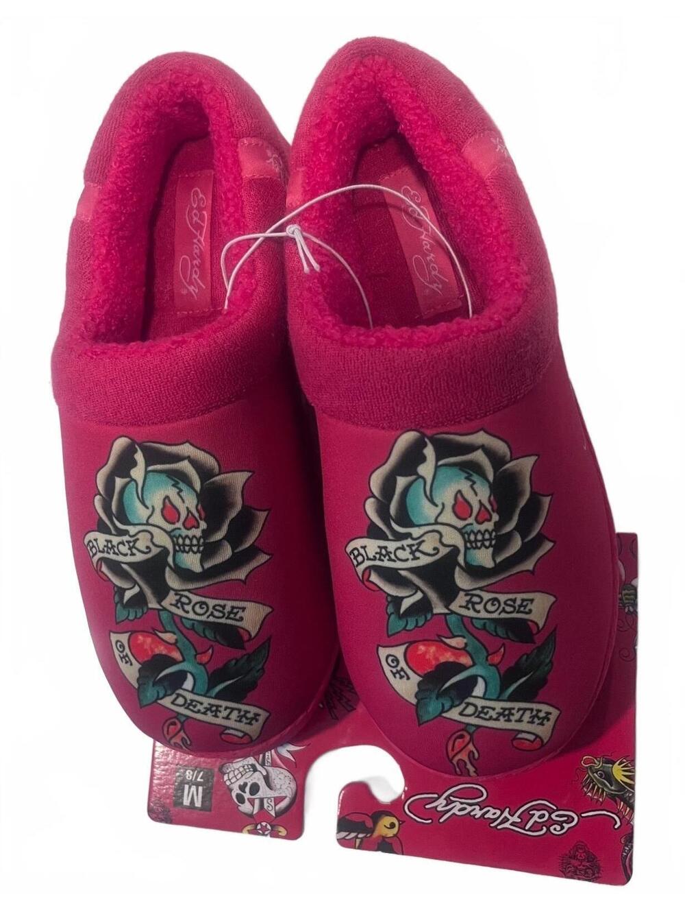 NWT Ed Hardy Pink Slippers Skull Rose Tattoo Flash Y2K Clog House Shoes Size 7/8